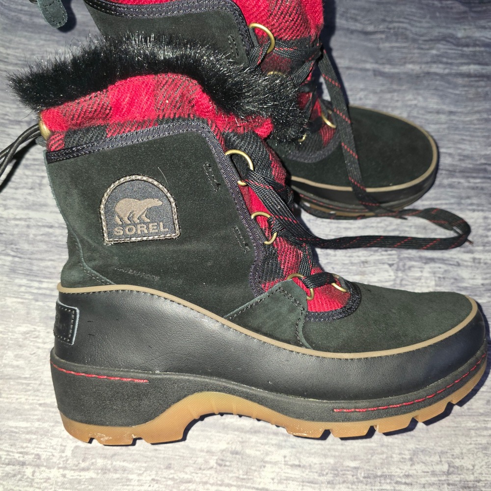 Sorel TIVOLI III Black Red Buffalo Plaid Waterproof Faux Fur Winter Boots 8.5